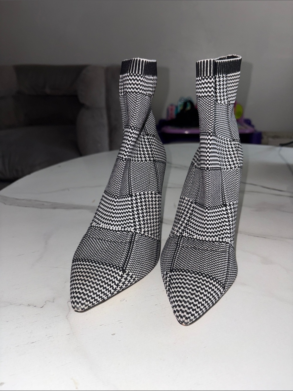 Something Navy Black & White Plaid Stretch Sock Booties